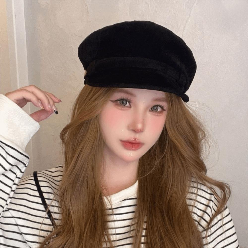 Flat Top Newsboy Hat Short Brim Artist Hat Versatile Suede Berets  Girls