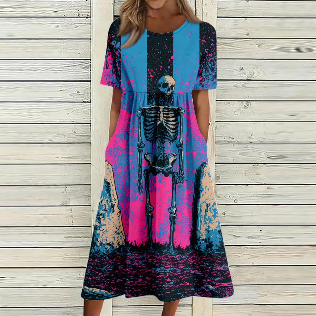 Women's Casual Round Neck Dress with Pockets Halloween Print for Party and Everyday Wear