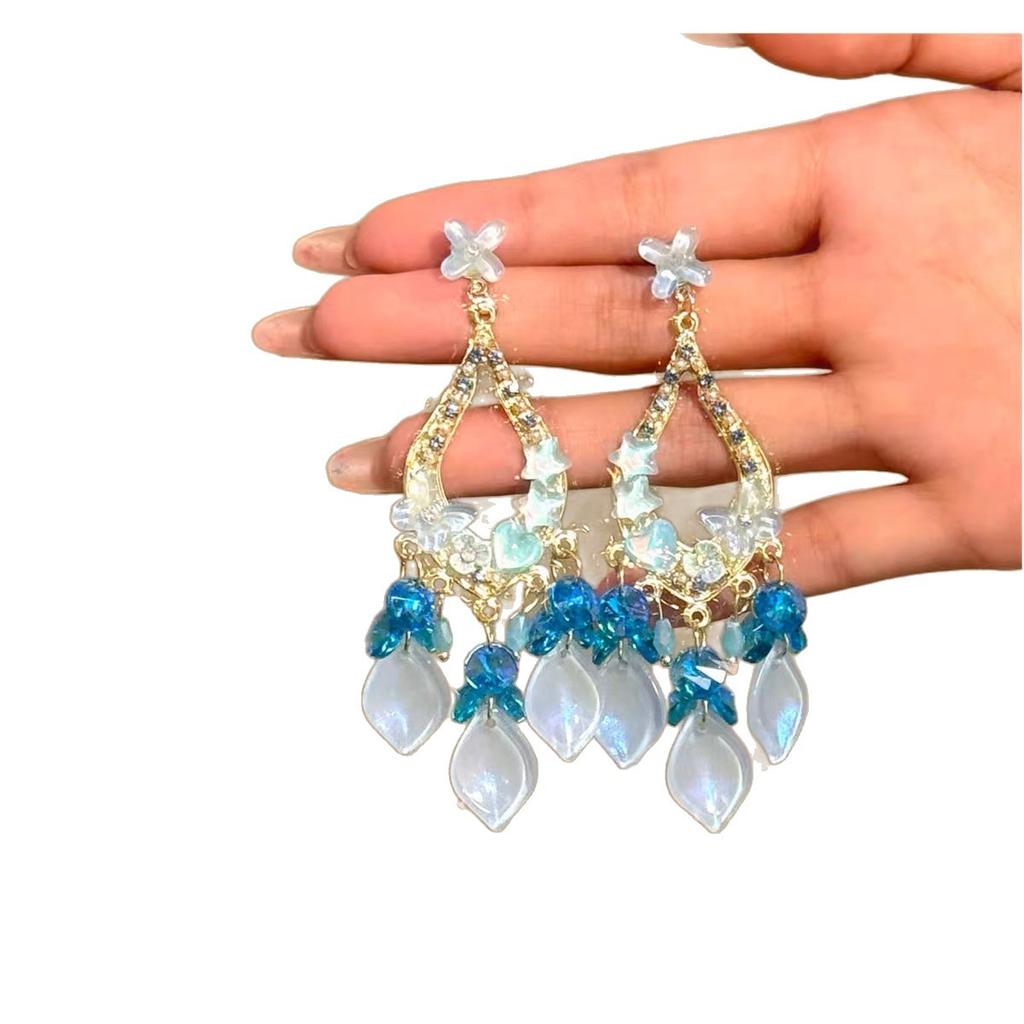 Clear Sky Island Holiday Style Blue Flower Tassel Earrings, Exquisite High-end Exaggerated Stud Earrings For Women