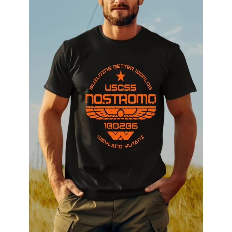 T-shirt casual da uomo a maniche corte nera con accattivante stampa arancione, versione regolare, girocollo, top estivo