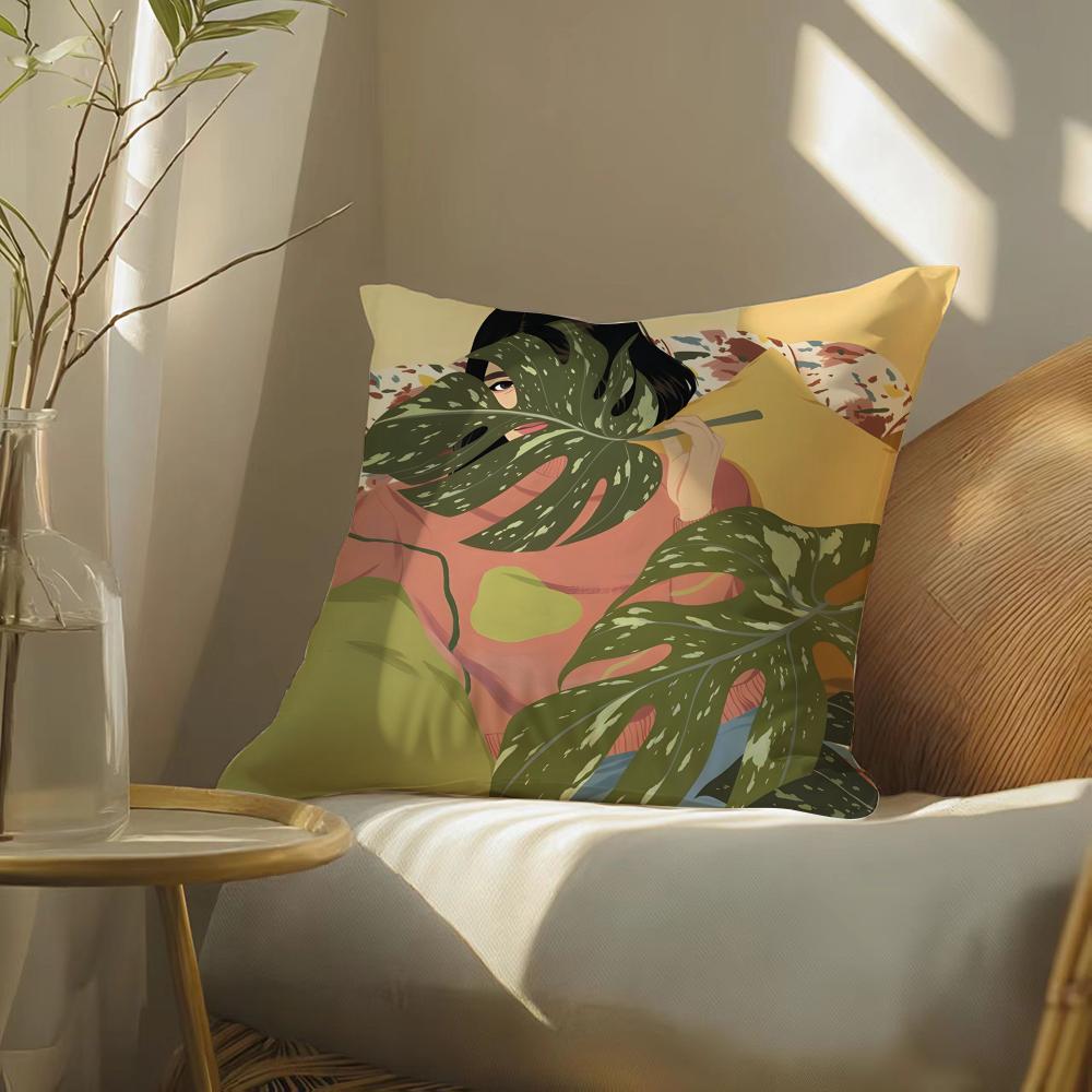 Elegant Simple Flower-Growing Girl Pillow Case Pattern Printed Pillowcase For Living Room Sofa Cushion Cover & Bedroom Decor