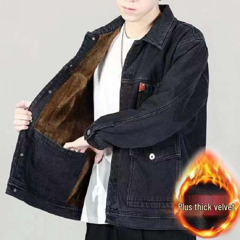 Men's Windproof Thick Velvet Denim Jacket - Winter Wear-Resistant and Loose Fit