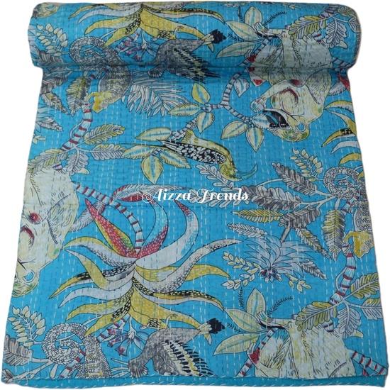 Aizza Trends Handmade Pure Cotton Monkey Print Kantha Quilt  - Traditional Look Bed Spread Kantha Gudri - Vintage Hand Stitch Gudri