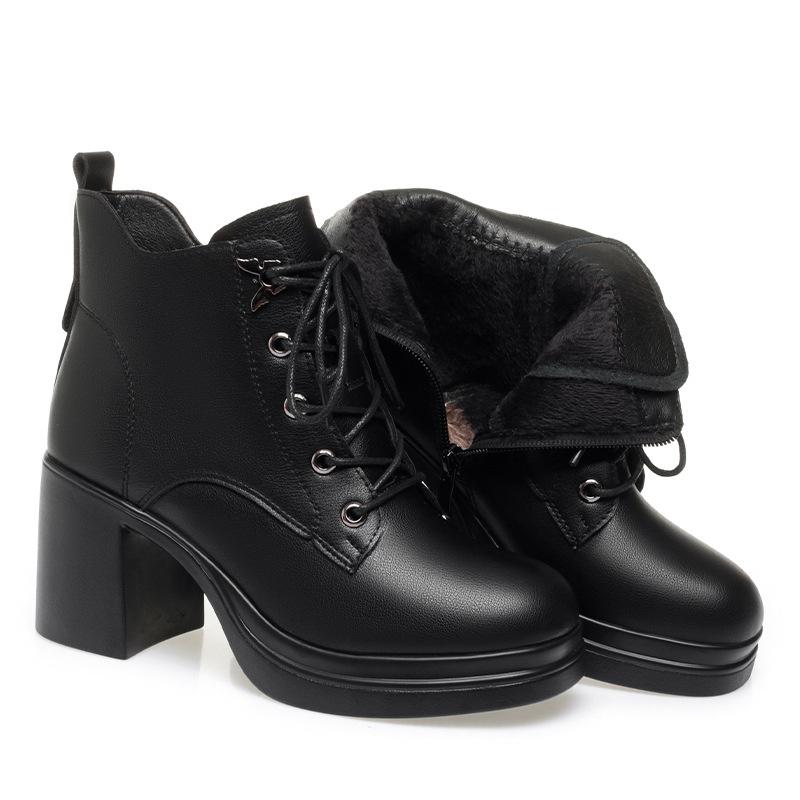 Otoño Invierno Más Terciopelo Zapatillas Casuales Tacón Grueso Mujer Tobillo Plataforma Botas de Cuero Cálidas Antideslizantes Bota de Motocicleta