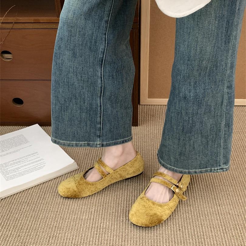 French Retro Velvet Double Buckle Mary Jane Flat Single Shoes Women's 2025 New Niche Versatile Ballet Shoes Grandma Shoes