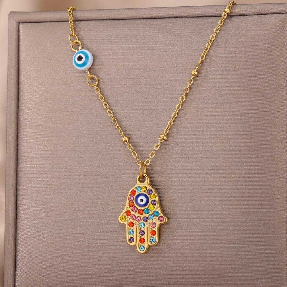 Personality Fashion The Eye of The Devil Fatima's Palm Colorful Zircon Pendant Necklace for Women Men Friend Amulet Jewelry Gift