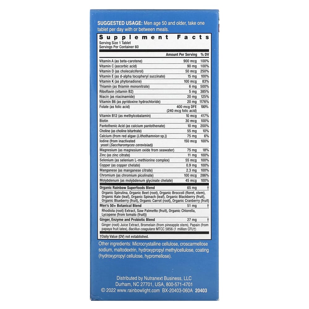 Rainbow Light Men's One 50+ Daily Multivitamin Vegetarian Tablets, 60 Count
