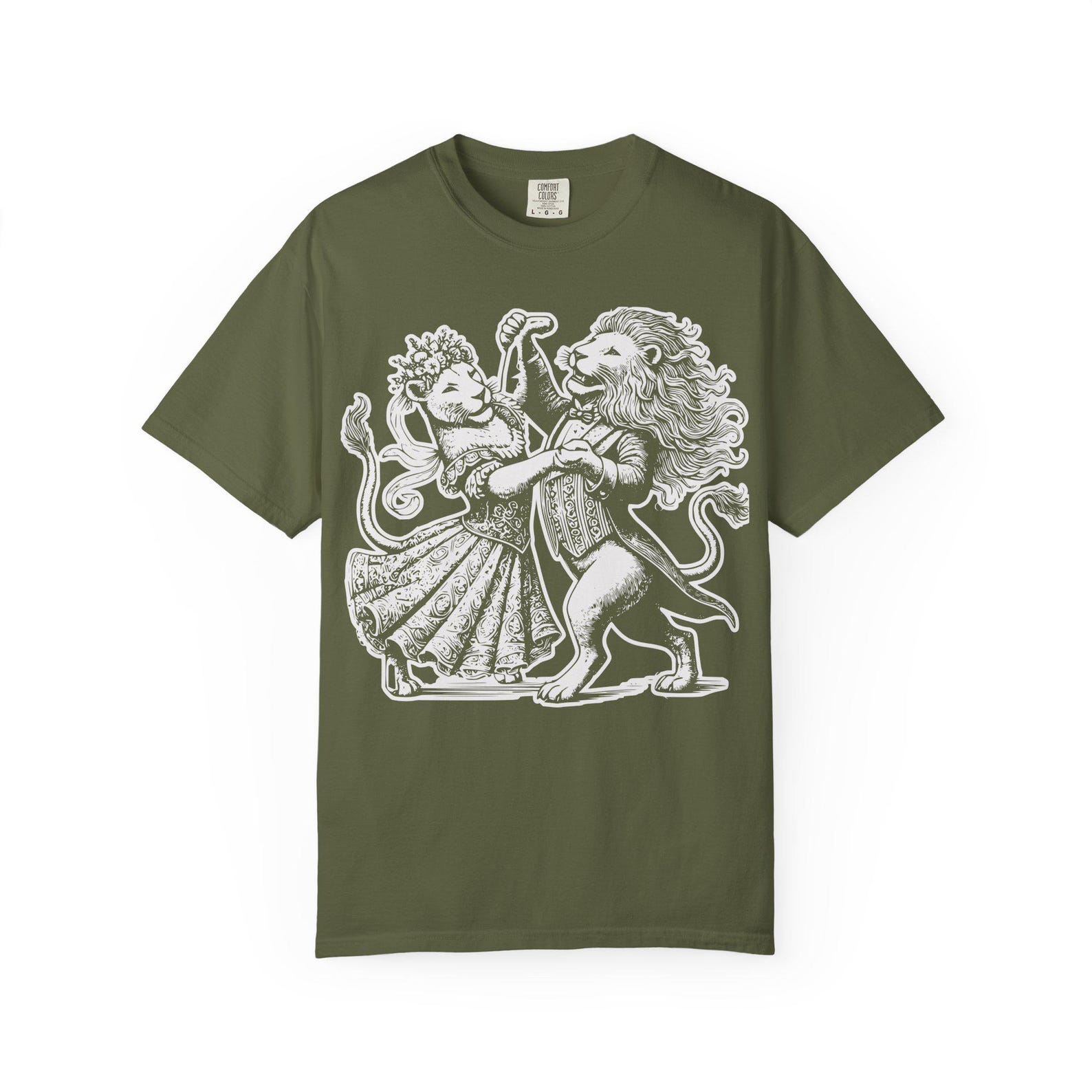 Dancing Lions Line Art T-Shirt: Whimsical Animal Tee M