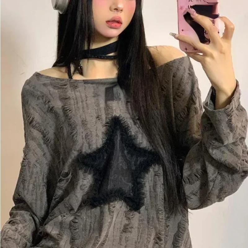 Grunge Hole T-shirt Women Fashion Star Print Y2k Aesthetic Loose Tees Kpop Fairycore Ripped Tshirt Harajuku Gothic Streetwear