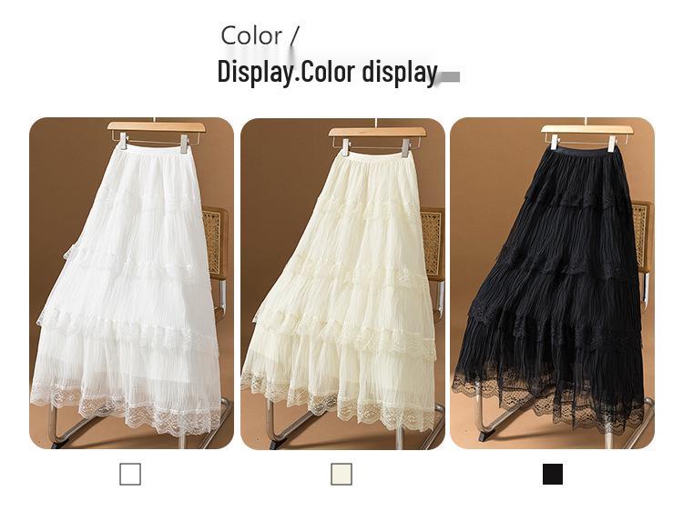 2025 Summer Women's Gentle Style Lace Trim Elastic Waist A-Line Midi Skirt