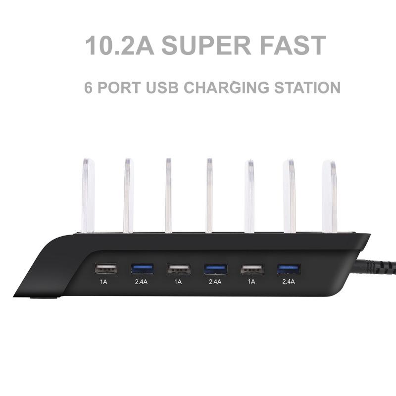 USB-Ladestation, 6-Port-Universal-Desktop-Dockingstation mit abnehmbaren Leitblechen, Ständer-Organizer