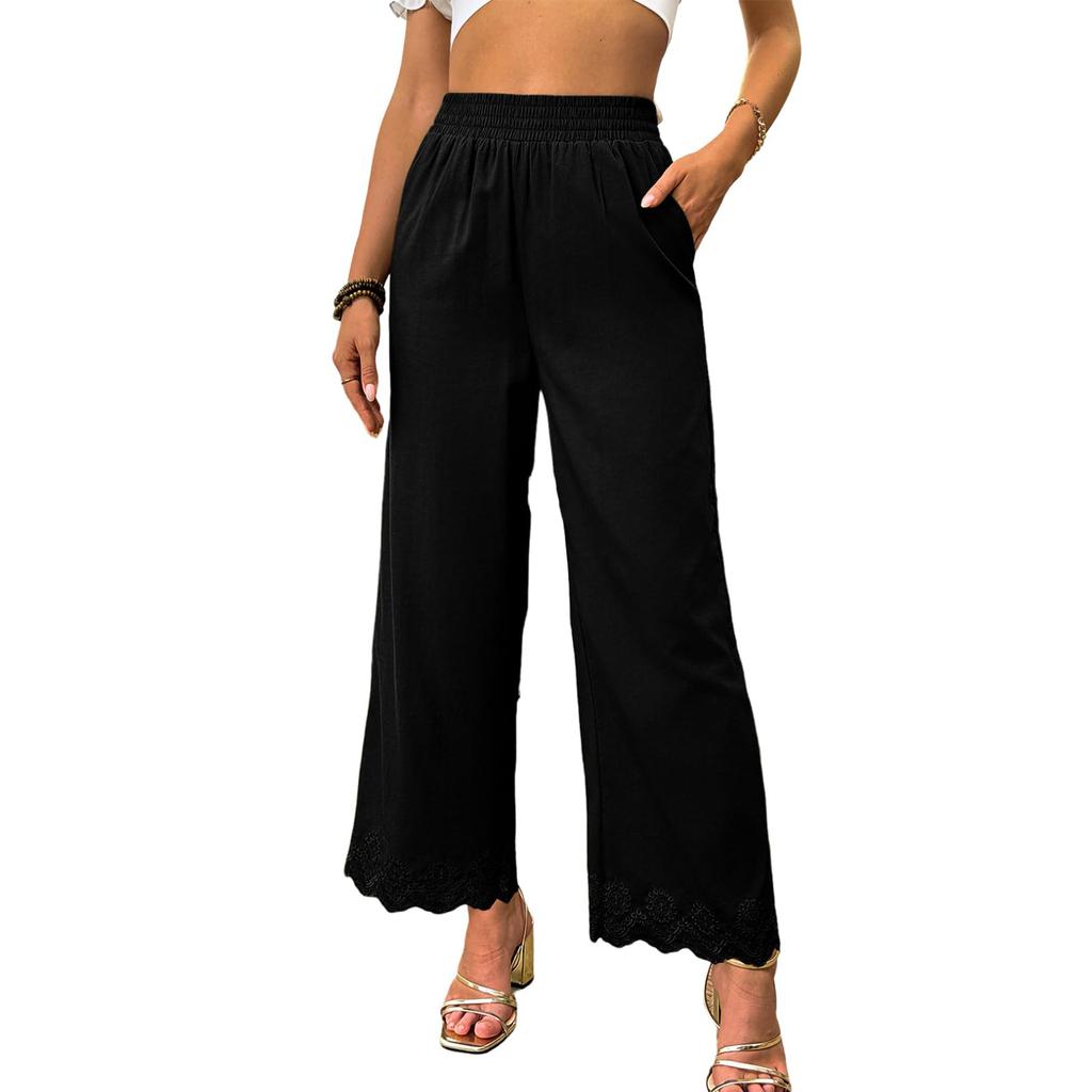 Women Elastic High Waist Pant Casual Fit Wide Leg Long Pants Trousers With Pockets