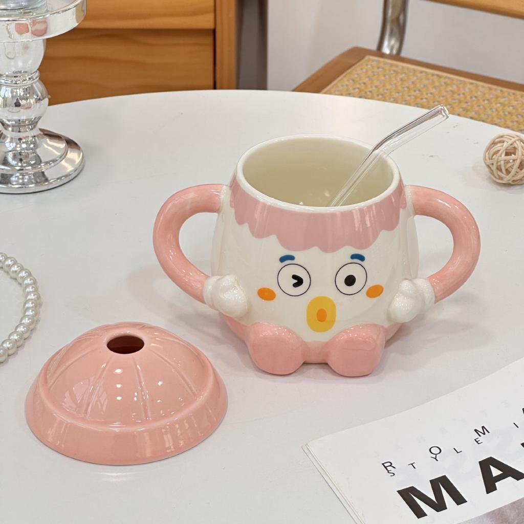 Fun clown ceramic cup cute cute children's mug with lid with straw creative water cup couple cup