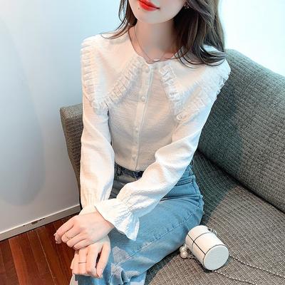 Vår Ny stil Vakre kvinner Hvit Langermet Casual skjorte Unik Elegant bluse Ruffles