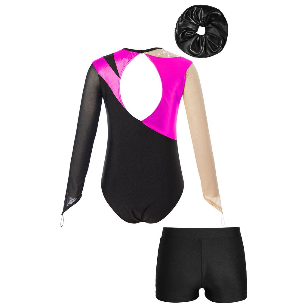 Girls Dance Competition Set Mesh Long Sleeve Leotard Keyhole Back V Front Waistband Performance Shorts
