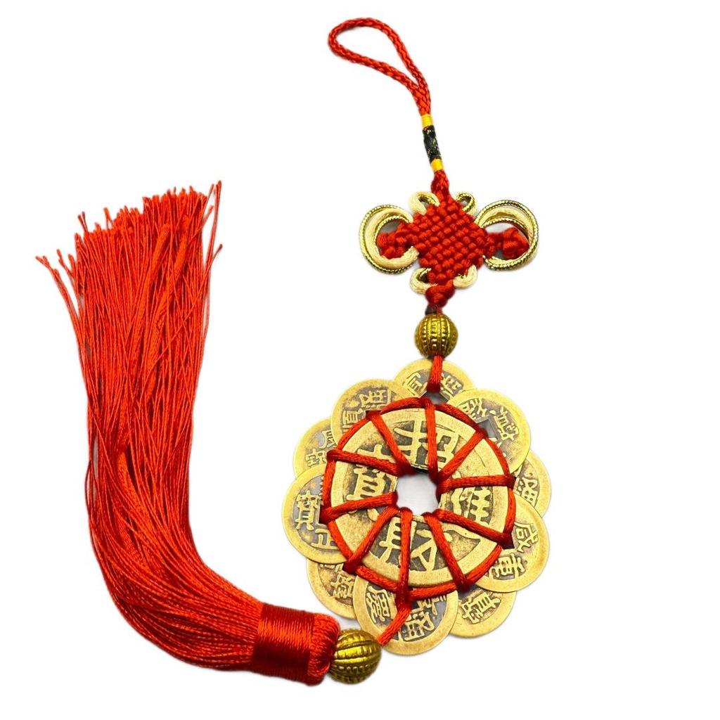 Rich & Noble Plum Blossom Ten Emperors Copper Coins Car Pendant - Chinese Knot Wealth & Treasure Gathering Charm