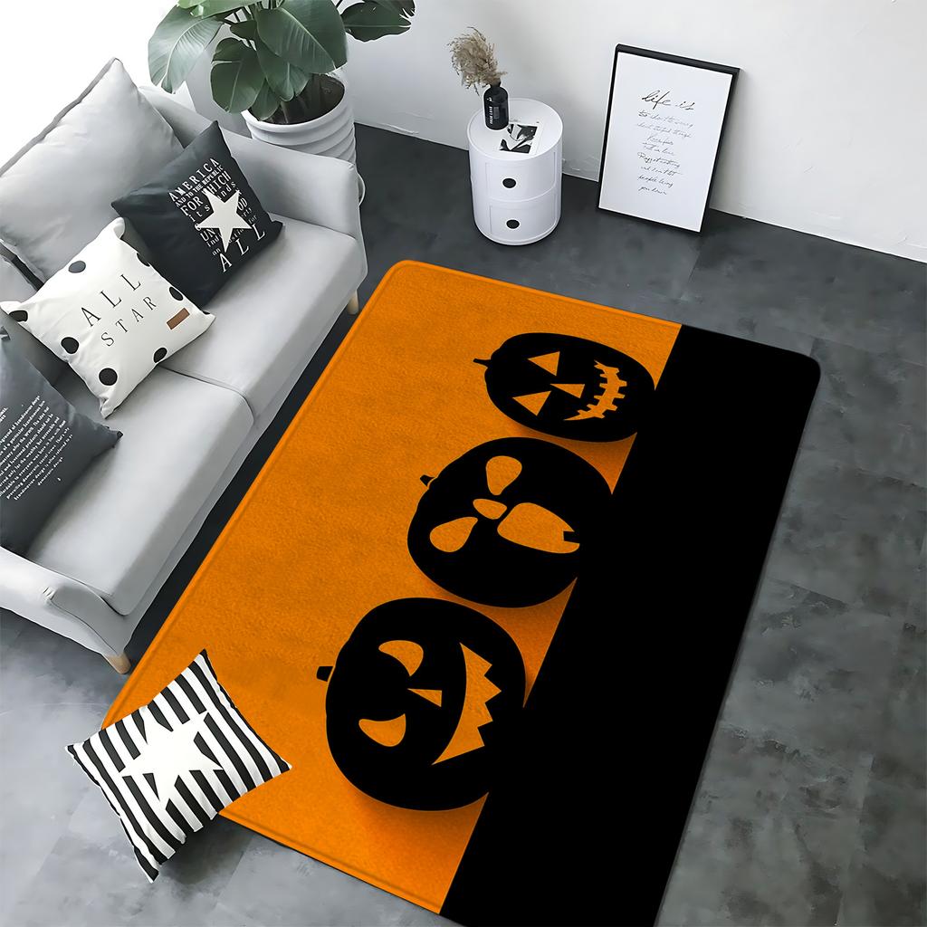 Halloween Themed Rectangular Rug Diverse Pumpkin Black Cat Patterns Soft Non Slip Carpet for Living Room Bedroom Decor