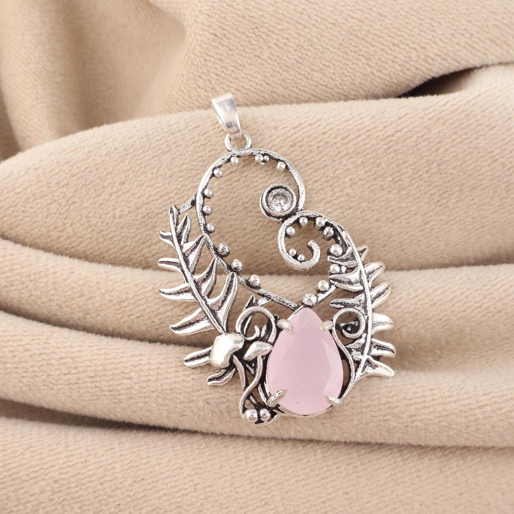 Natural Rose Chalcedony Gemstone 925 Sterling Silver Women Jewelry Partywear Pendant 1.8" CP-42-19