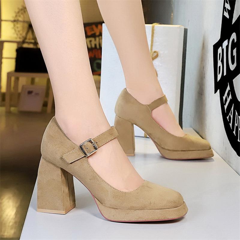 Retro Wysoki Obcas Gruby Obcas Wodoodporna Platforma Zamsz Płytki Dekolt Kwadratowy Nosek Klamra Paska Jednopaskowe Pojedyncze Buty Dla Kobiet