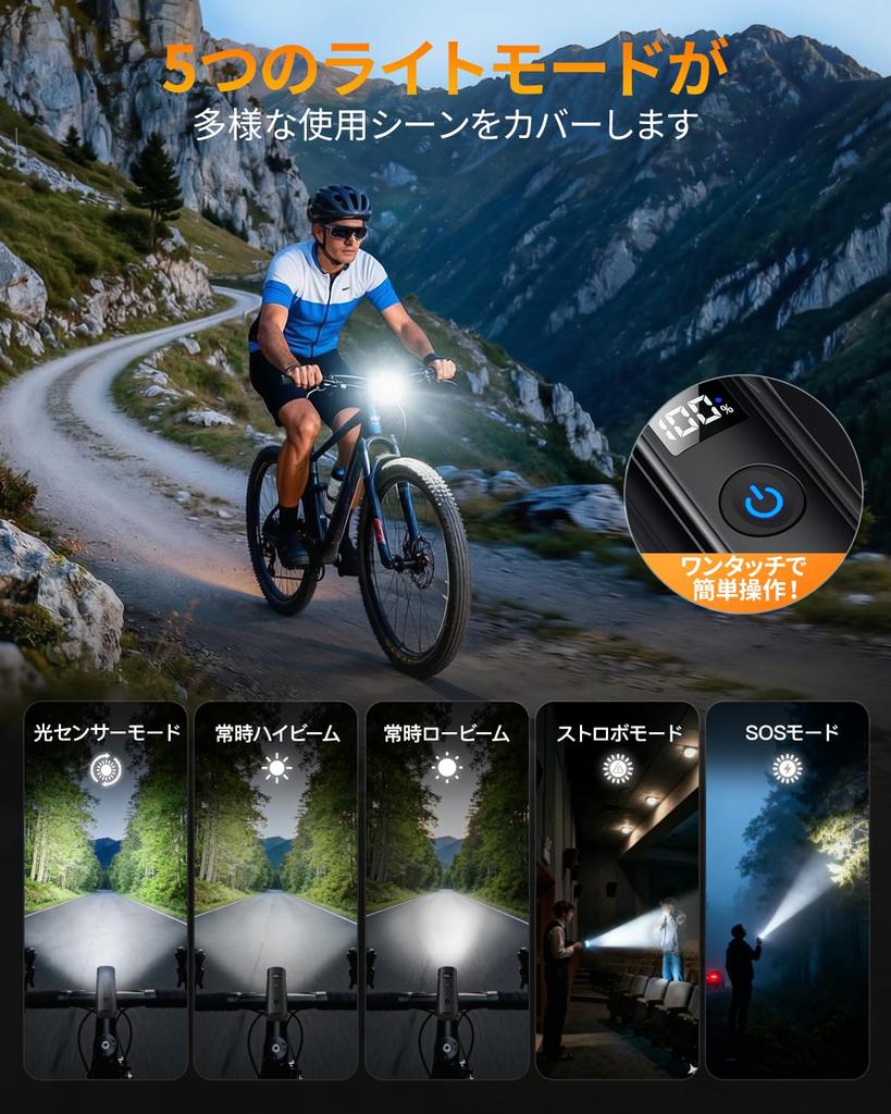 Waterproof Rechargeable Bicycle Light with Light Automatic 5 Lighting High Wide Suitable for Road Bikes and Hybrid Easy Mobile LED Battery Level