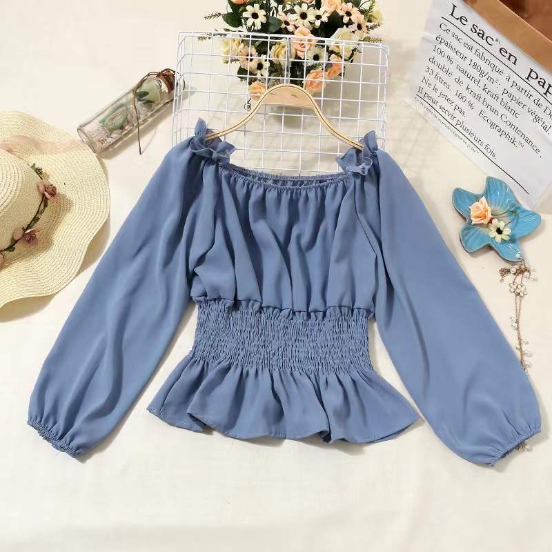Women's Ruffled Chiffon Shirt Short Top Sexy Off-the-shoulder Off-the-shoulder Long Sleeve Waist Shirt Women Blouse Lantern Sleeve