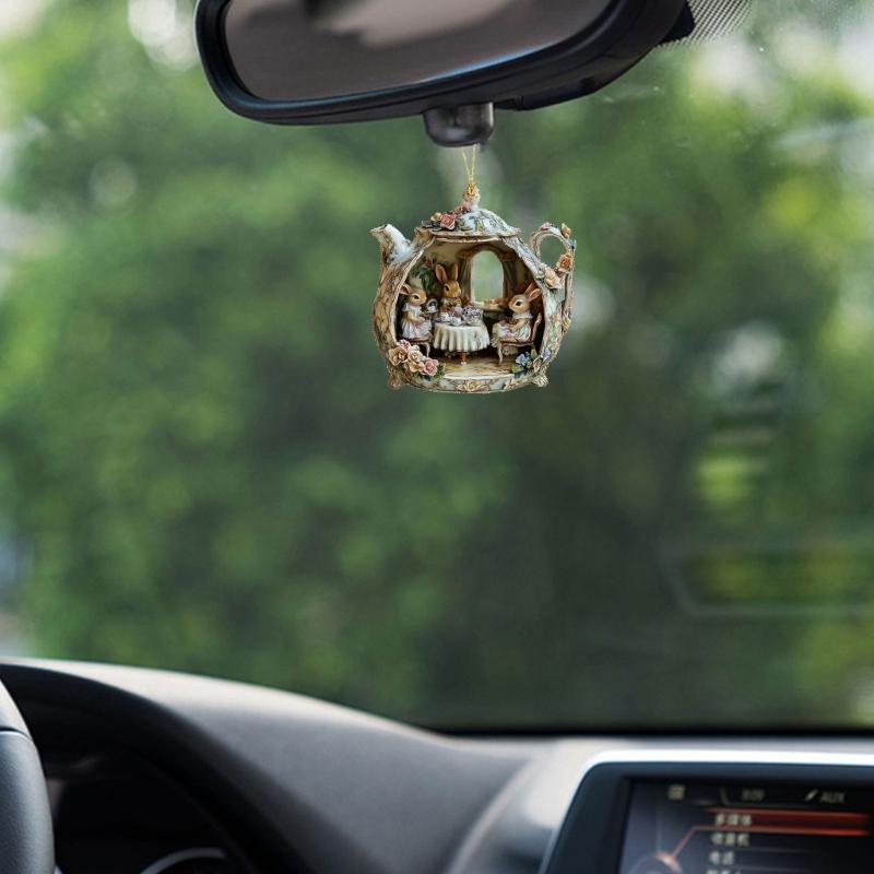 Fun Rabbit In Teacup Keychain Pendant Hanging Ornament Acrylic Window Decoration For Decorative Enhancement