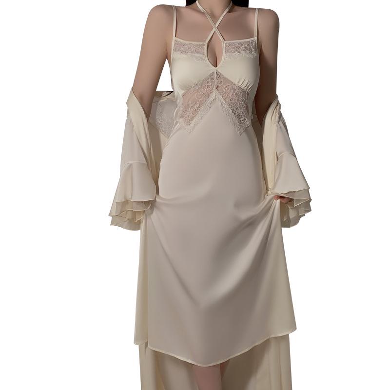 Pure Desire Ice Silk Nightdress Set: Rose-Inspired Lingerie with Deep V Neckline and Breast Pads, Comfortable Outer Robe - Model Z4553