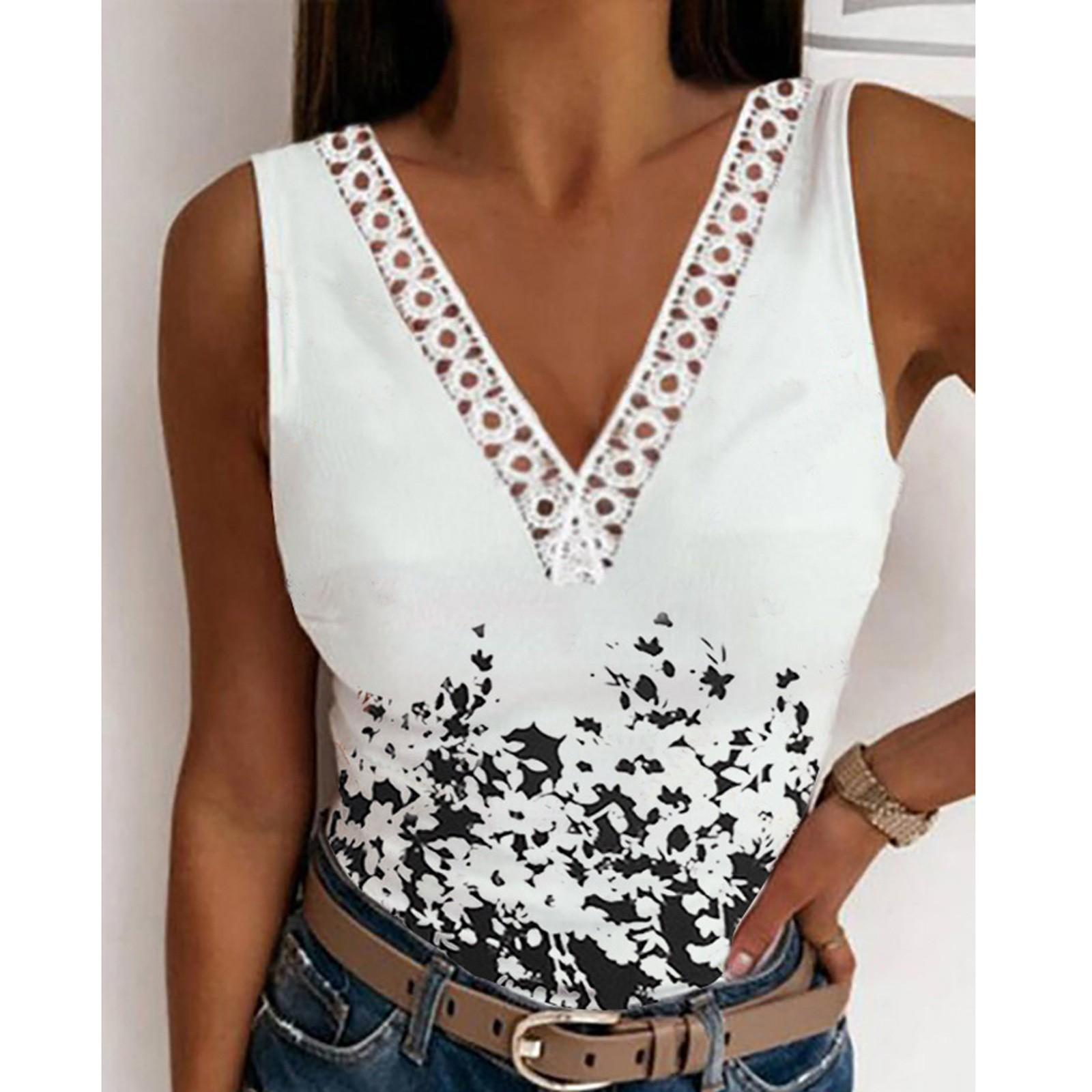 

Women s Casual Fashion Sleeveless Printing V Neck Loose Vest Shirt Top XXL білий