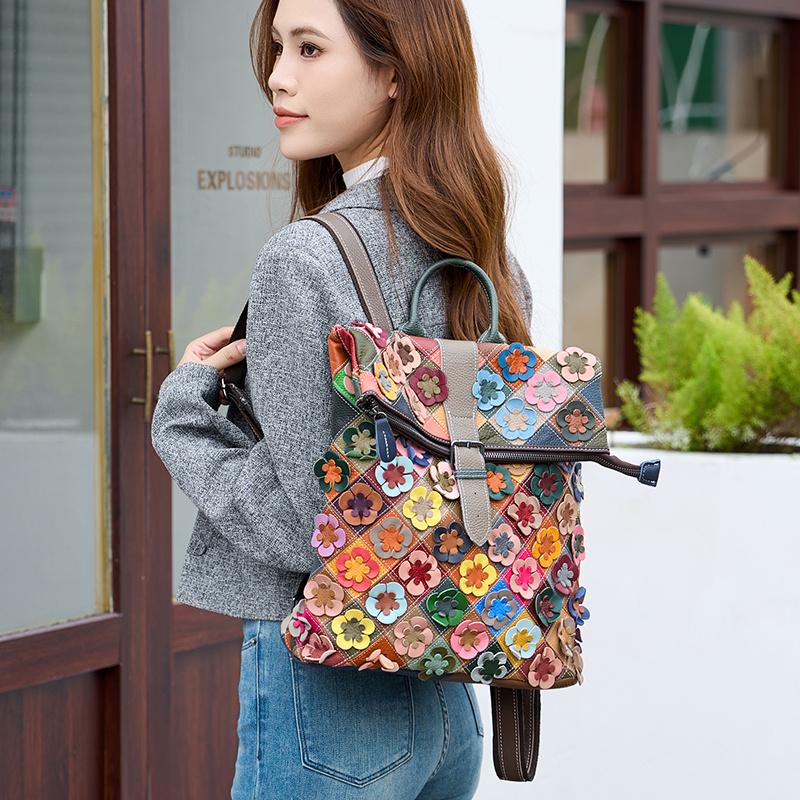 Handmade Bag, Three-Dimensional Floral Romantic Backpack, Colorful Patchwork Retro Backpack, Luxurious Travel Experience