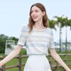 Betu Women's Striped Short Sleeve Blouse with Ribbon Detail