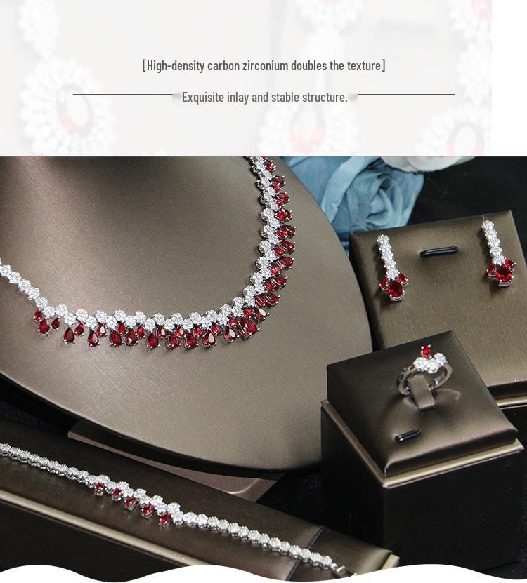 Korean Bridal Jewelry Set: Zircon Necklace, Earrings & Ring - Elegant Wedding Accessories