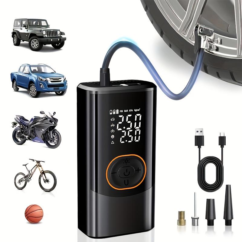 Portable air compressor with digital pressure gauge, 150PSI rechargeable battery, LED light, wireless tire inflator, and USB Type-C interface.