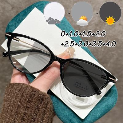 Men Women Fashionable Photochromic Reading Glasses Vintage Cat Eye Far Sight Eyewear Color Changing Anti-blue Light Presbyopia