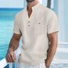 Men's White Linen Blend Henley Neck Short Sleeve Shirt with Chest Pocket
