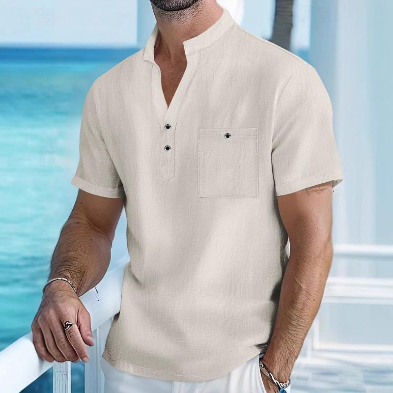 Men's White Linen Blend Henley Neck Short Sleeve Shirt with Chest Pocket