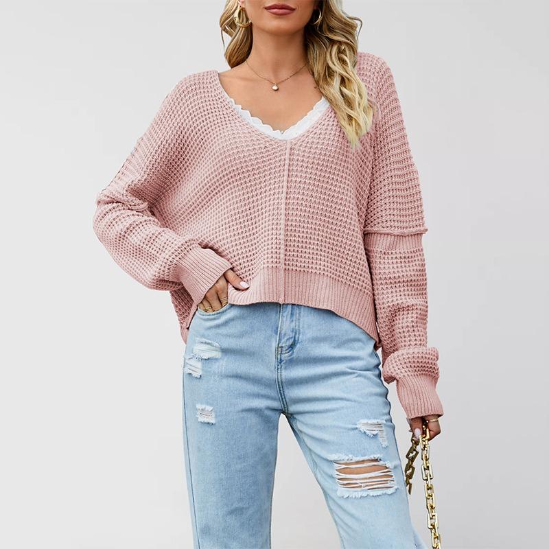 Women S V Neck Off Shoulder Knit Sweater Solid Color Casual