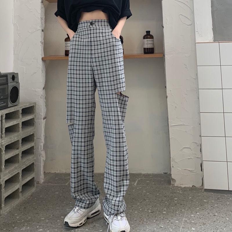 Buy Casual Pants Women Hole Plaid Chic 