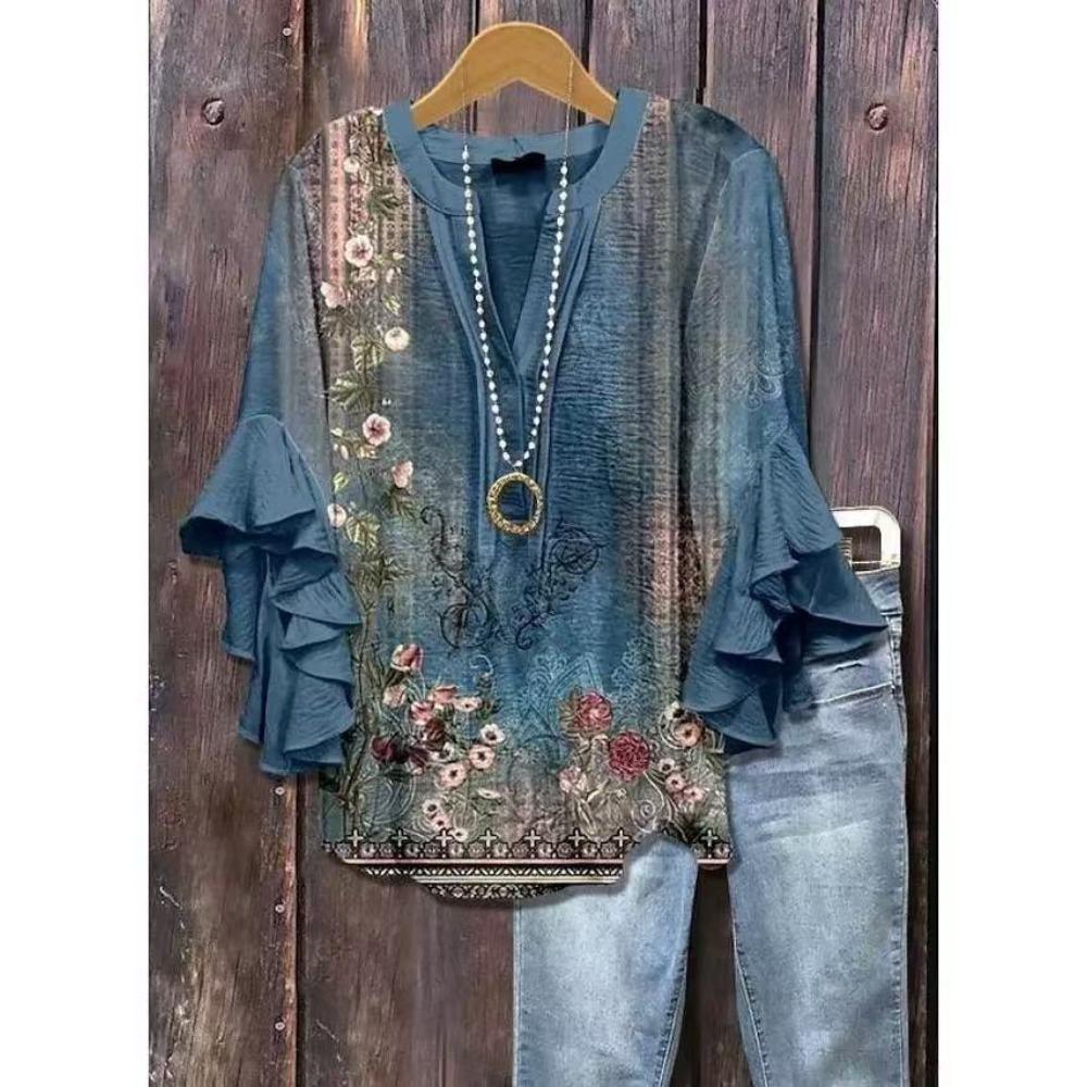 Large Women's Bohemian V-neck Shirt with Ruffle Sleeves, Grey Brown Floral Print Top, Casual Breathable Machine Washable Pullover