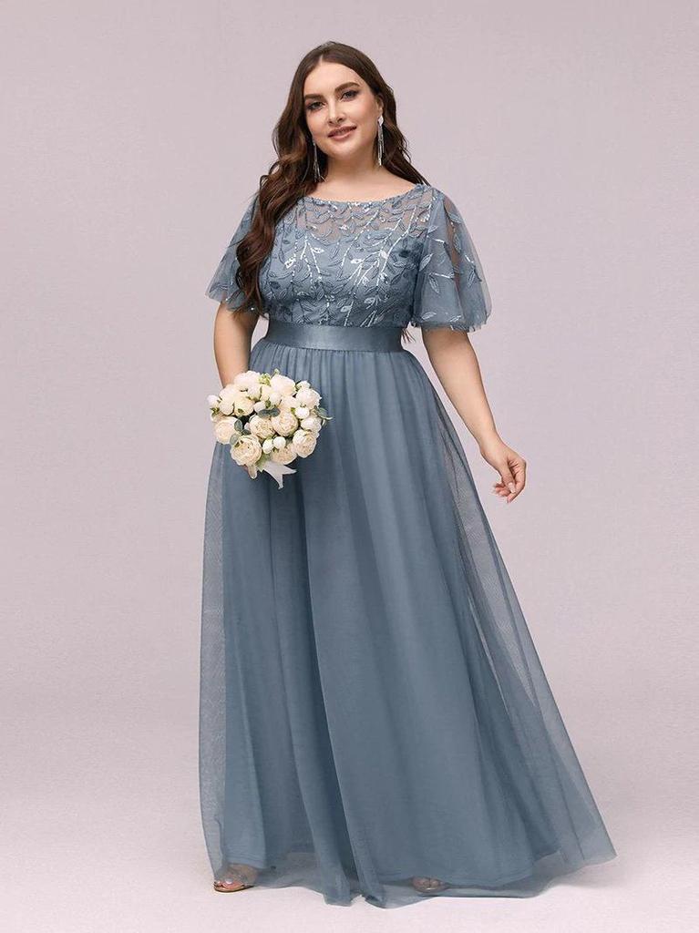 Elegant Plus Size Sequin Embroidered Evening Gown with Mesh Hem