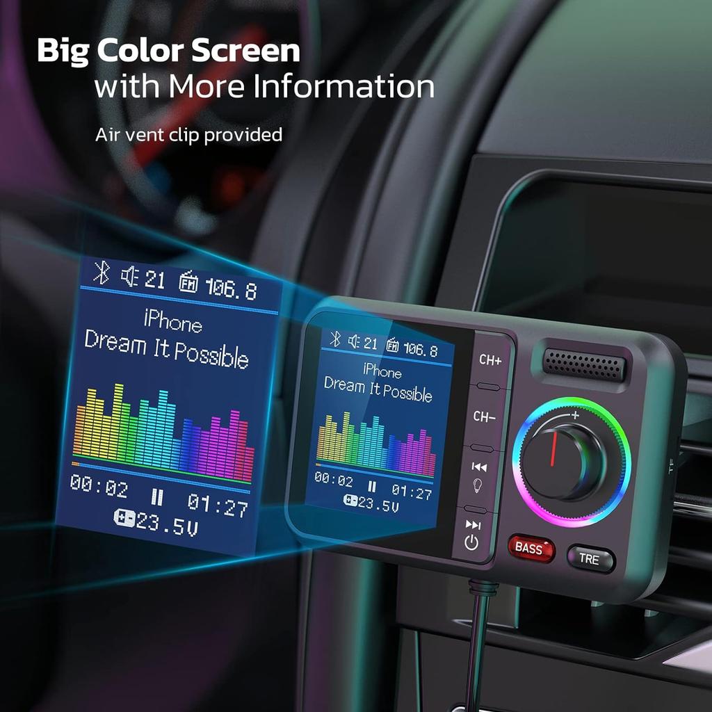 Multifunctional Fast Charging Car AUX Adapter MP3 Music Player Wireless FM Transmitter with Big Color Screen 2.4A QC3.0 Dual USB
