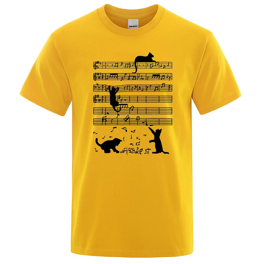 Cotton T Shirt Printed Cat Playing Staves Funny T-shirts for Men Summer Short Sleeve Top Tee Shirts Casual Basic Mens T-shirt
