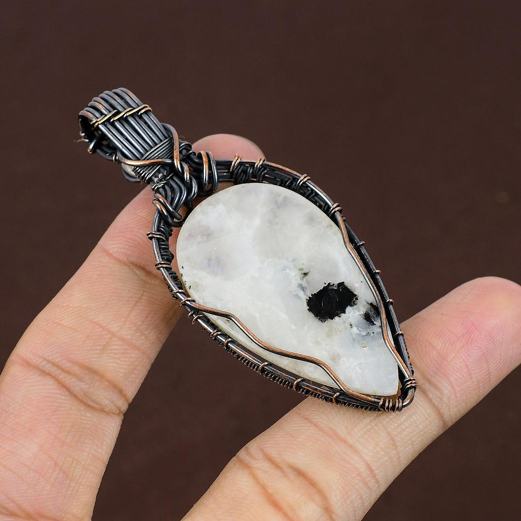 Rainbow Moonstone Gemstone Copper Wire Wrap Jewelry Pendant 2.95"