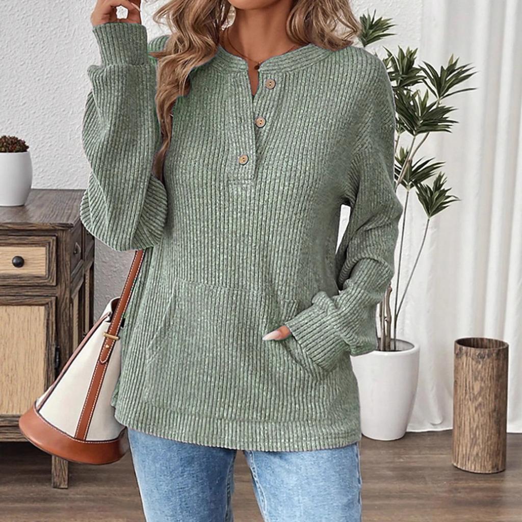 2025 Autumn and Winter New Solid Color Fashion Button Loose Long Sleeve T-Shirt Tops for Women