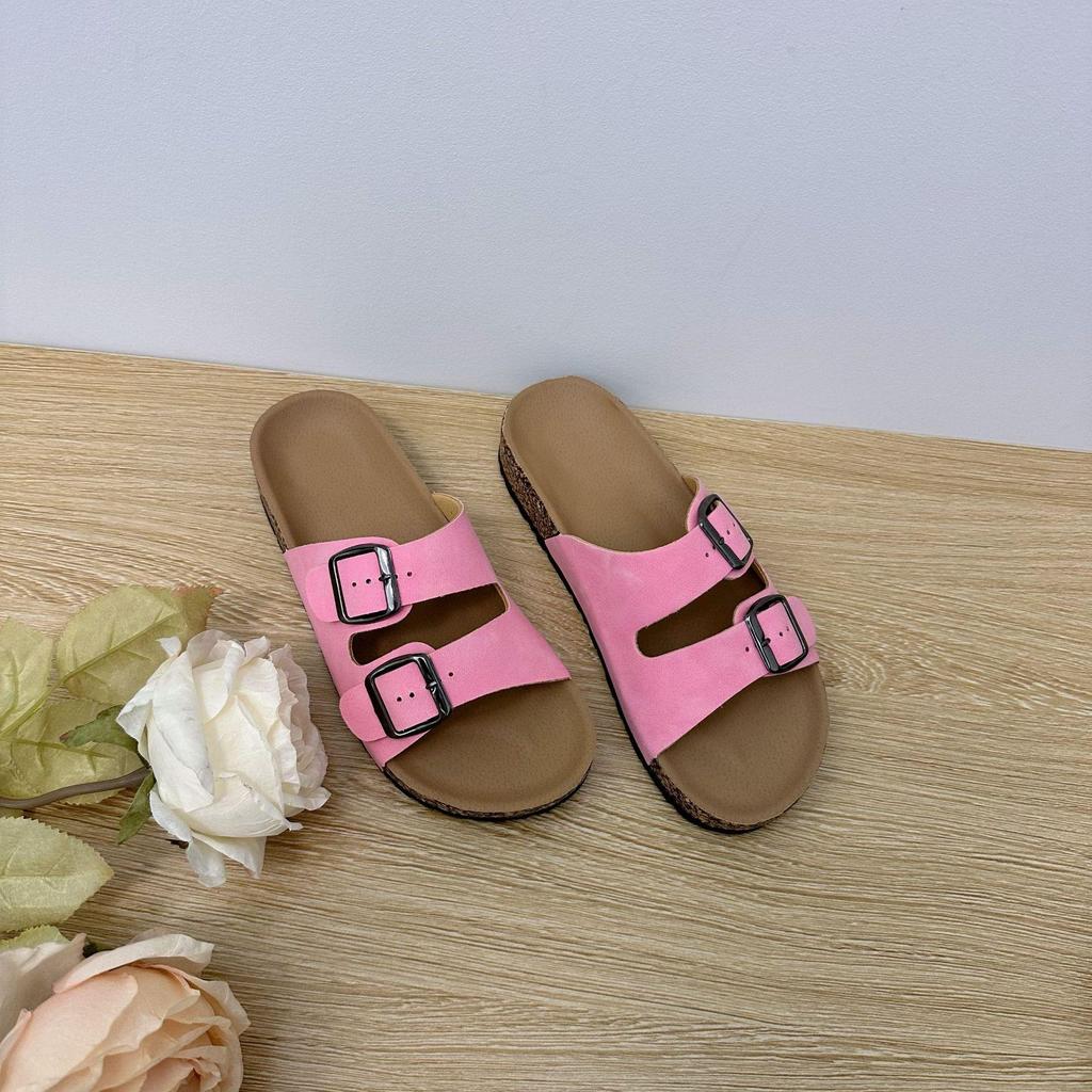 2025 Women's Plus Size Casual Beach Cork Slippers with Double Buckle