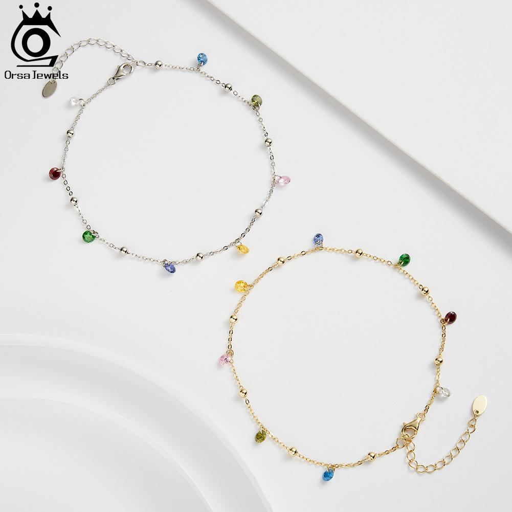 ORSA JEWELS New Summer Beach Anklet Fashion 925 Silver Cable Chain Multicolor 4A Zircon Anklet for Women jewelry SA93