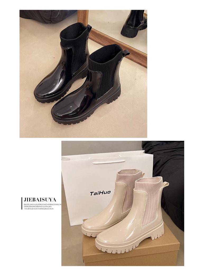 2025 Women's Fashion Elastic Band Waterproof Rain Boots - Thick Sole, Solid Color, Non-Slip & Versatile Casual Galoshes