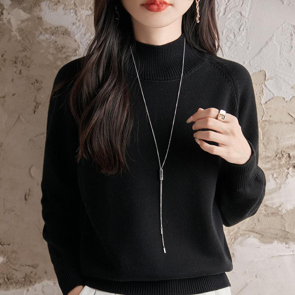 Pulover Gros de Bumbac pentru Femei Toamnă/Iarnă 2025: Cămașă Tricotată Caldă pentru Navetă, Guler Semi-Înalt, Croială Largă