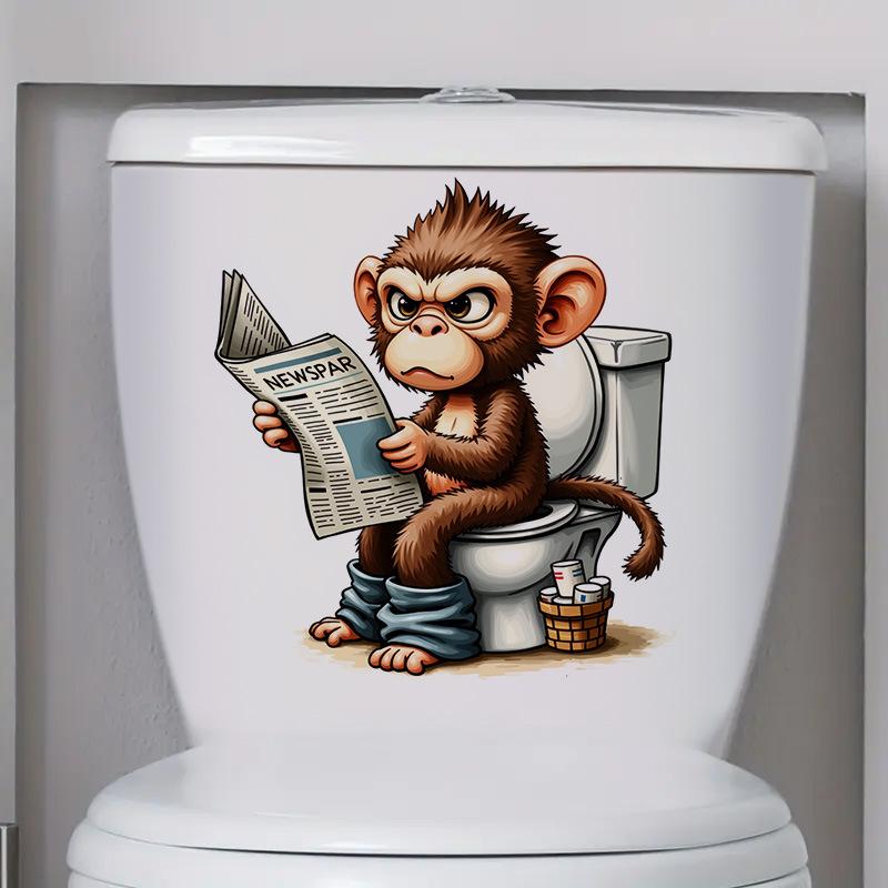 3D Funny Cartoon Monkey Reading Newspaper Toilet Wall Sticker Self-Adhesive Waterproof Removable Bathroom Home Decor Art