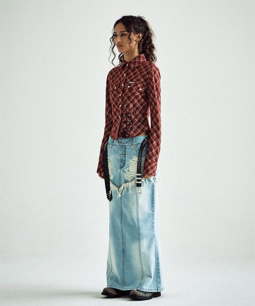 THEVINYLHOUSE Destroyed Double Denim Skirt Light Blue