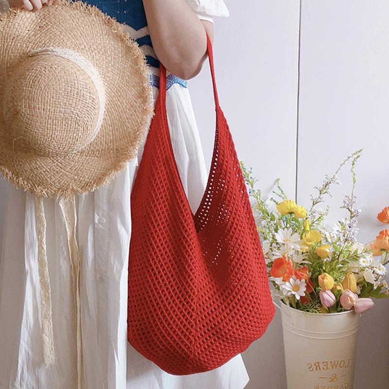 Yogodlns Fashion Large Capacity Beach Simple Knitted Women's ShoulderBag Knitted Hollow Woven Inner Tote Bag